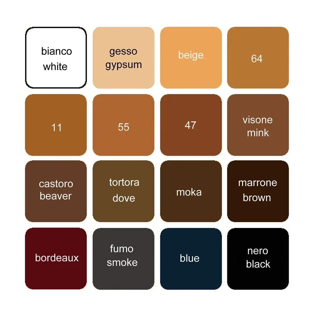 Color chart showing 16 tights shades including white, beige, brown, mink, bordeaux, blue, and black, for Goldfarmaci Albania online pharmacy.