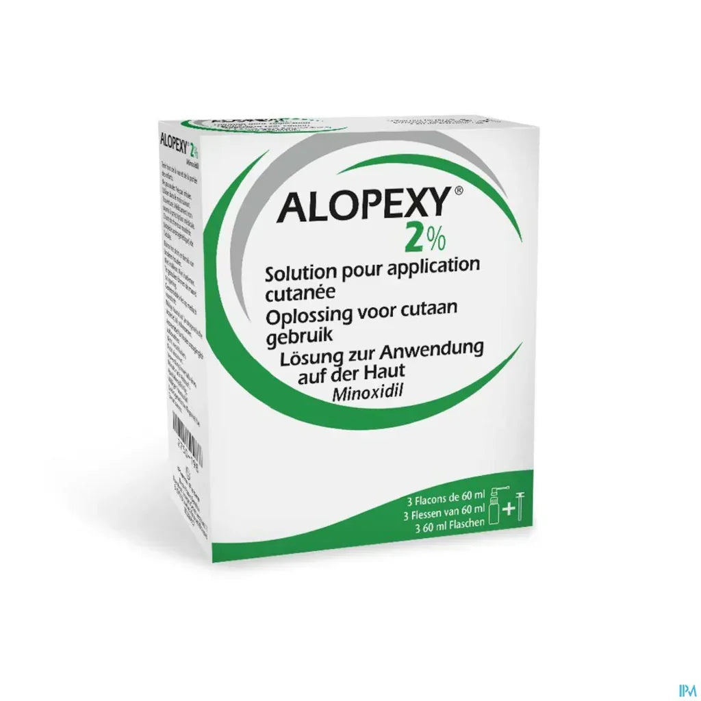 Alopexy 2% Minoxidil topical solution box for hair loss, available at Goldfarmaci online pharmacy.