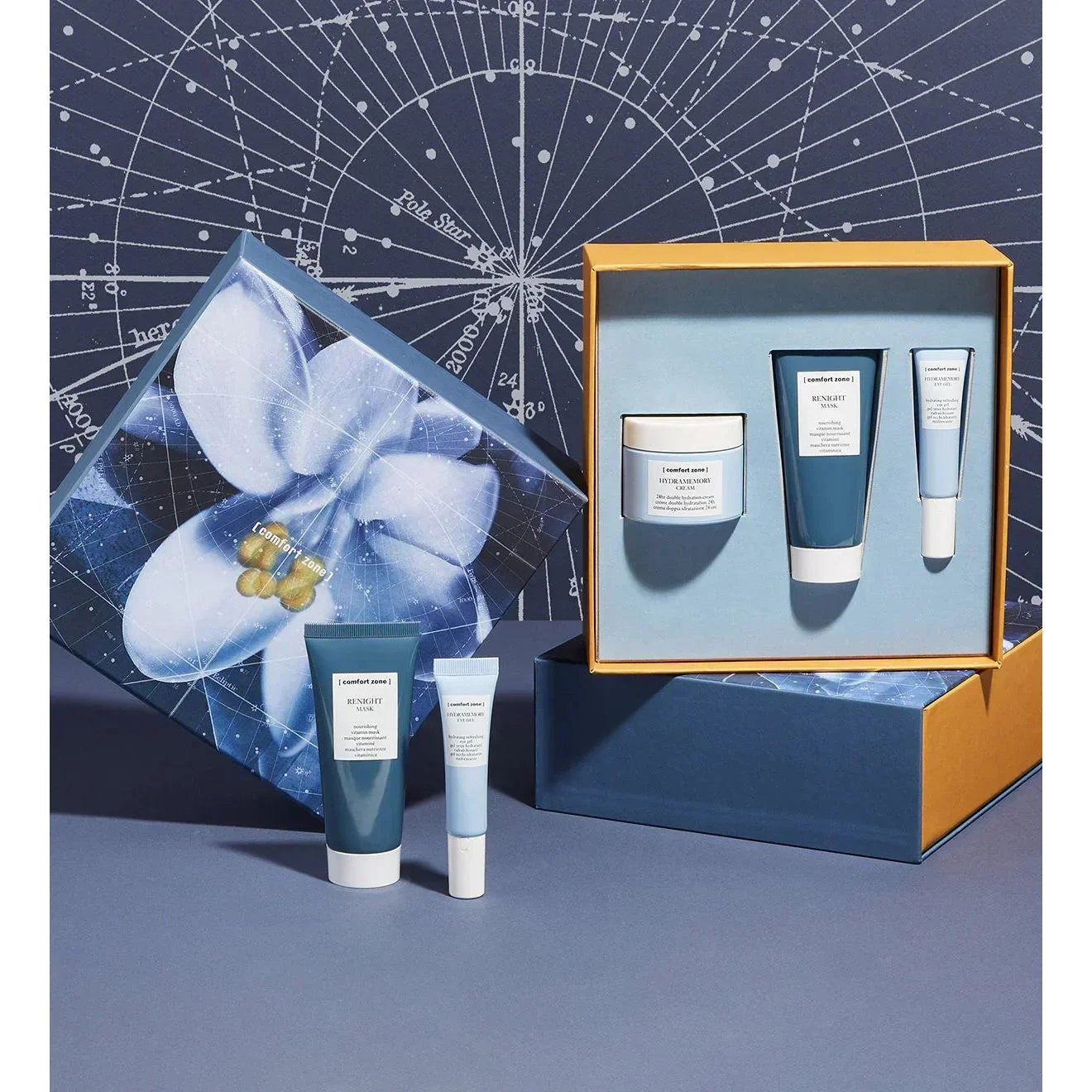 Comfort Zone 24 Hour Kit skincare set with blue and white packaging, displayed in a decorative gift box against a star chart background, available at Goldfarmaci online pharmacy Albania.