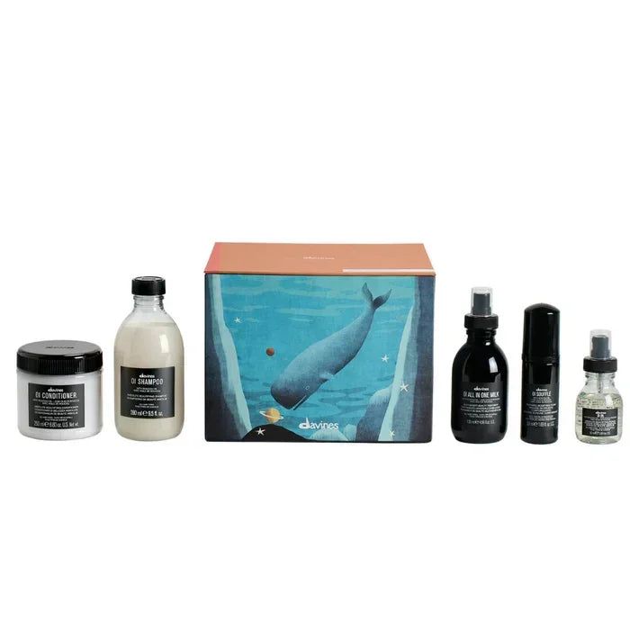Davines Deep Marine World haircare set with five products and illustrated whale gift box, Goldfarmaci