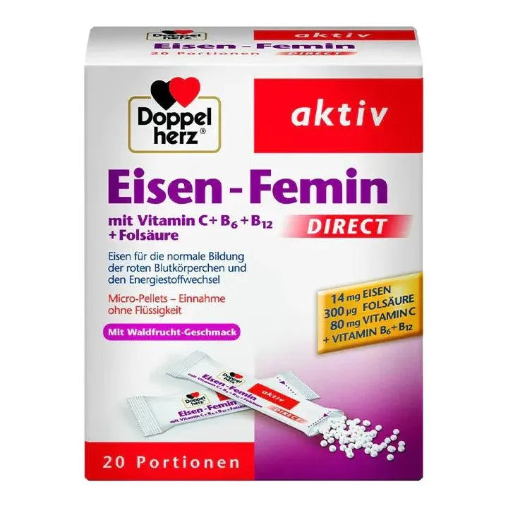 DoppelHerz - Eisen-Femin Direct with Vitamin C + B6 + B12 + Folic Acid, 20 Bustines - GOLDFARMACI