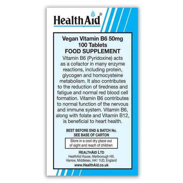 Health Aid - Vitamin B6 (Pyridoxine HCl) 50 mg - GOLDFARMACI
