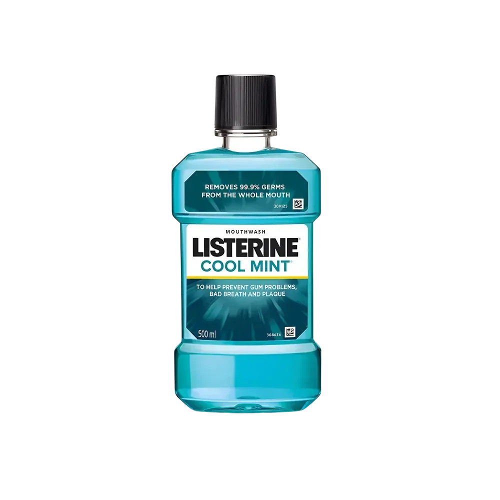 Listerine Cool Mint mouthwash 500ml bottle, official brand available at Goldfarmaci Albania