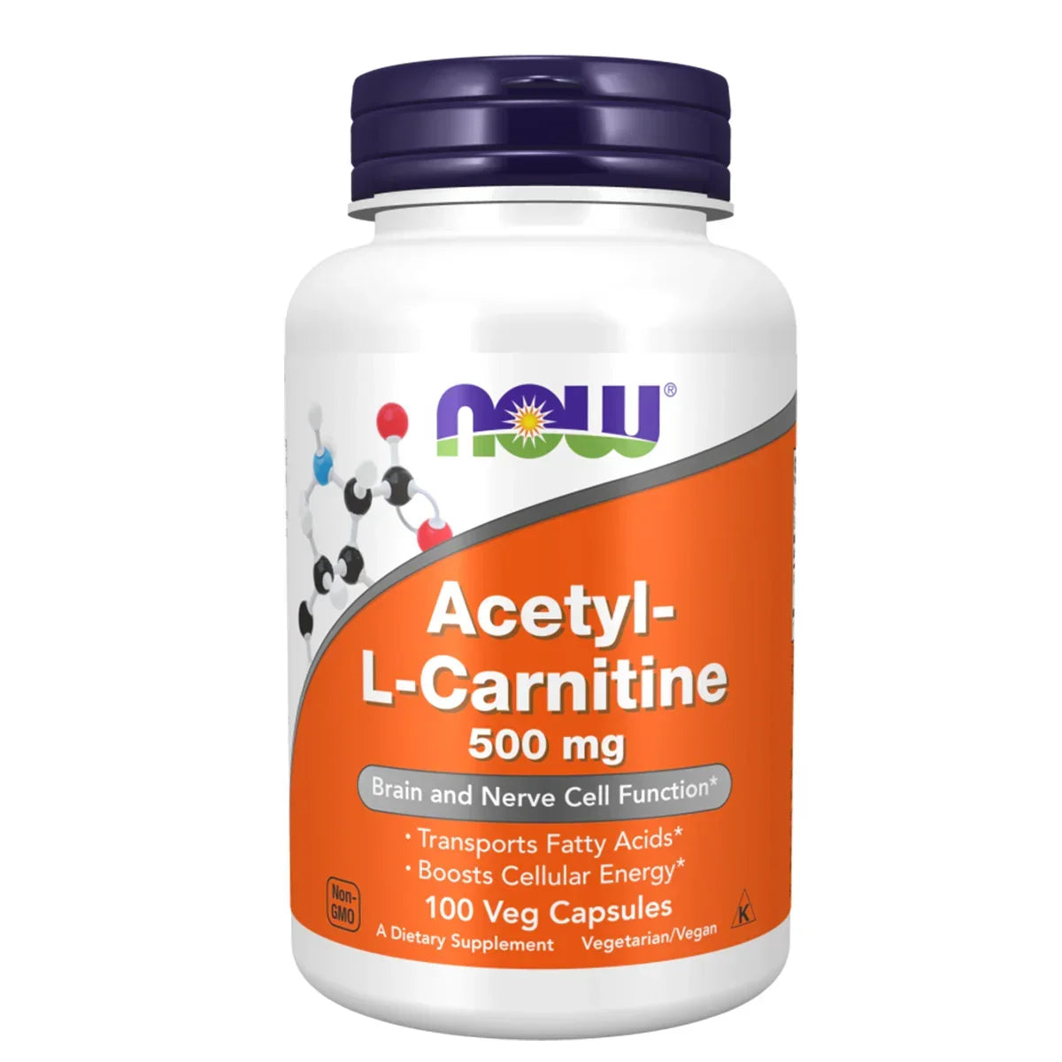 NOW Acetyl-L-Carnitine 500mg supplement bottle, 100 capsules, on white background