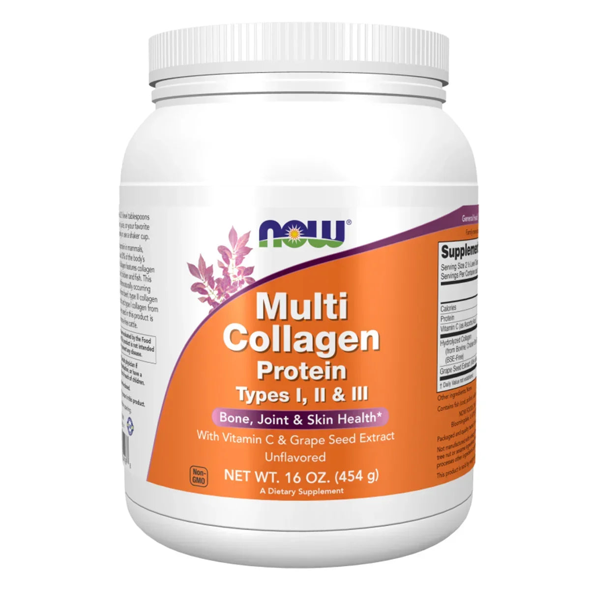 NOW Multi Collagen Protein powder supplement jar, 454g, for bone, joint, and skin health, sold at Goldfarmaci.