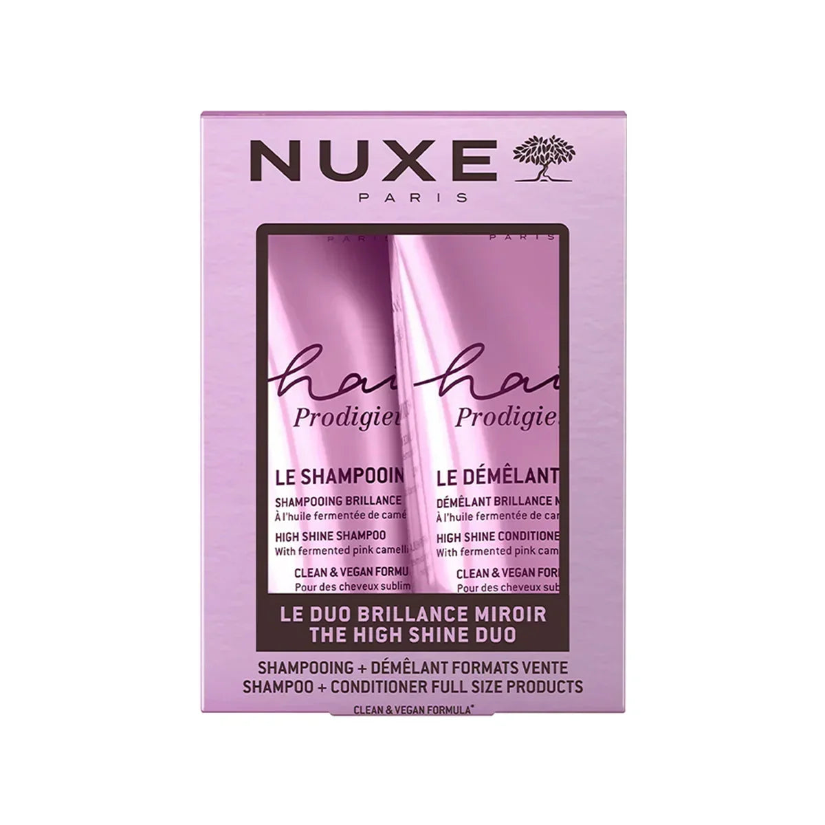 NUXE Hair Prodigieux High Shine Duo Set with shampoo and conditioner in pink packaging, Goldfarmaci
