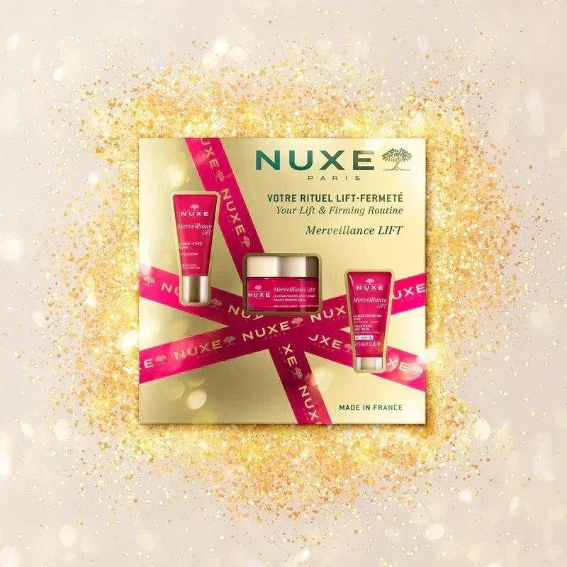 Nuxe Merveillance Lift anti-ageing skincare set gift box, gold background, Goldfarmaci Albania