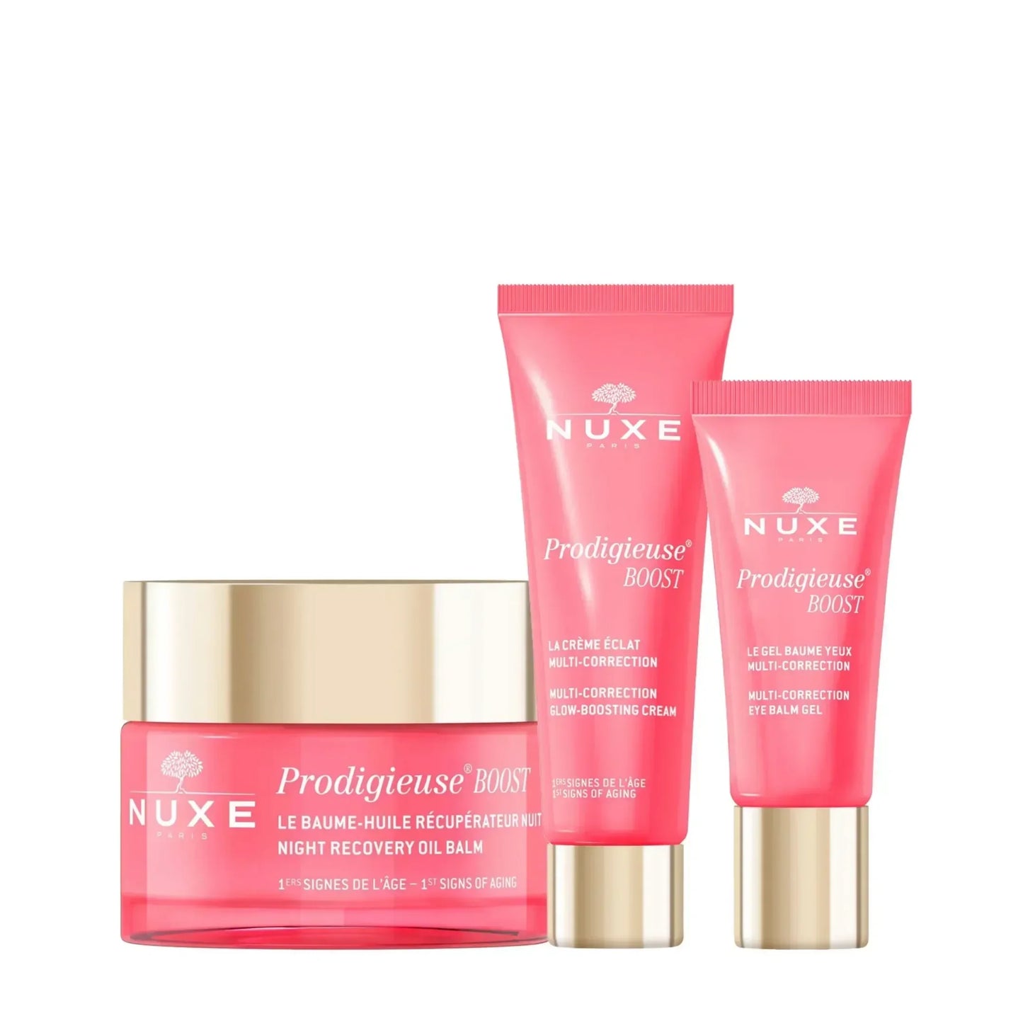 Nuxe Prodigieuse Boost skincare set with night balm, glow cream, and eye gel from Goldfarmaci