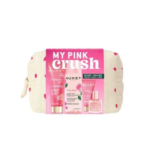Nuxe My Pink Crush travel kit with skincare products in a cream pouch, Goldfarmaci Albania