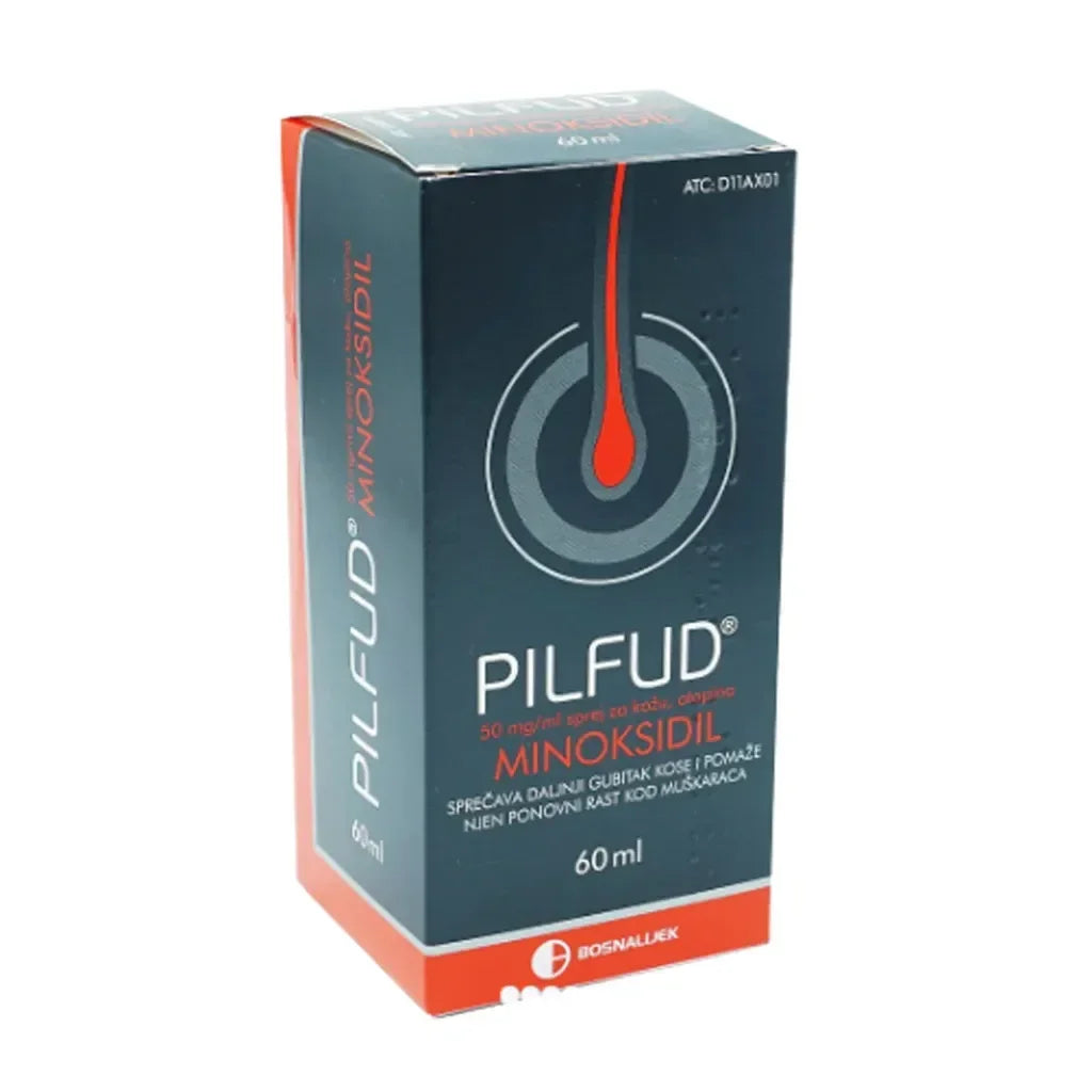 PILFUD Minoxidil 60ml spray box for hair loss, dermocosmetic product from Goldfarmaci