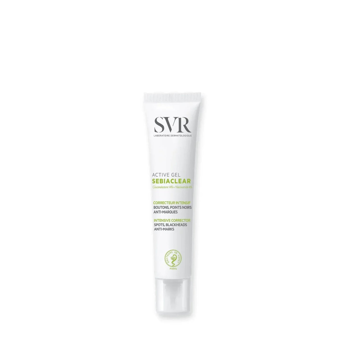 SVR Sebiaclear Active Gel intensive corrector skincare tube on white background, Goldfarmaci