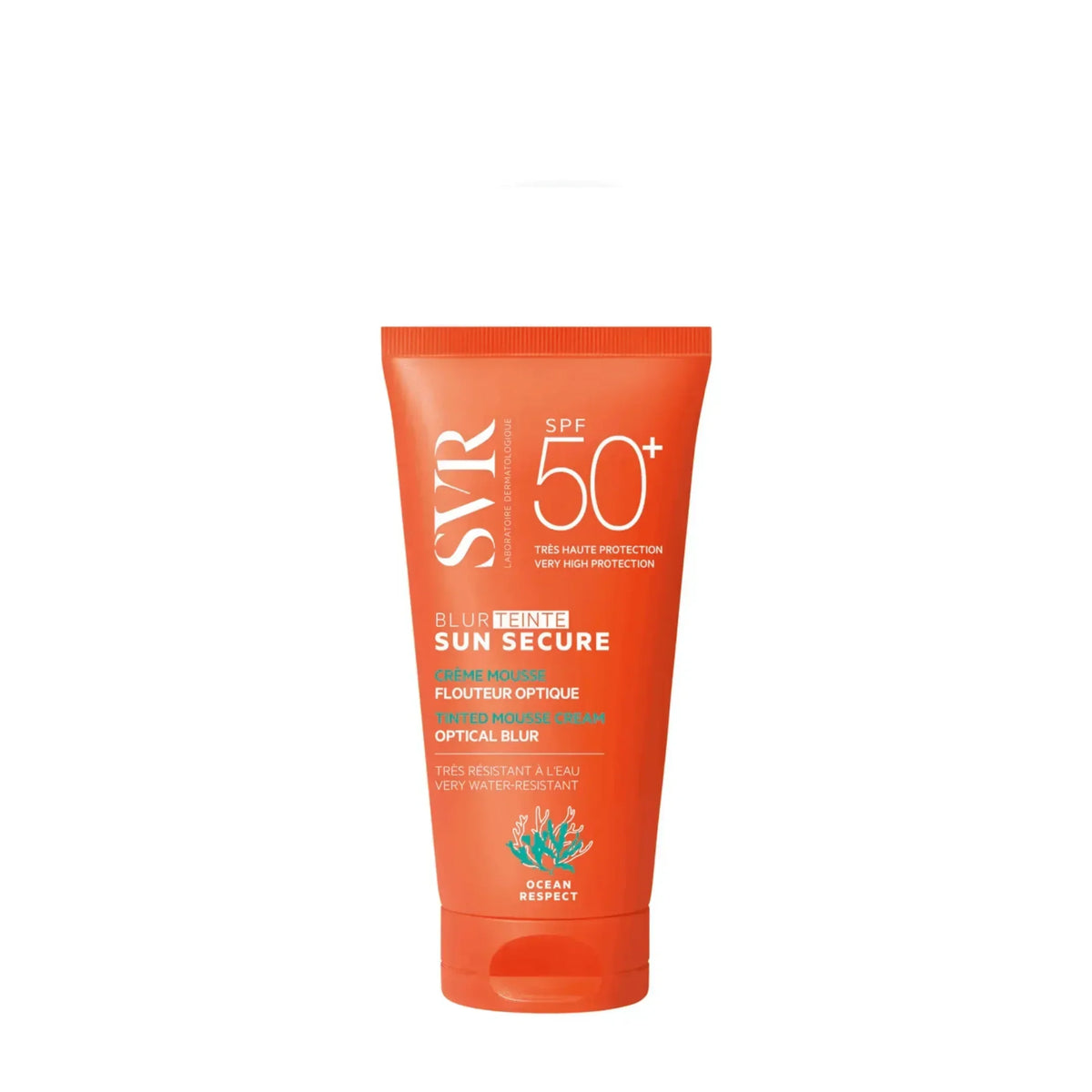 SVR Sun Secure Blur Tinted Mousse Cream SPF50+ on white background, Goldfarmaci dermocosmetics.