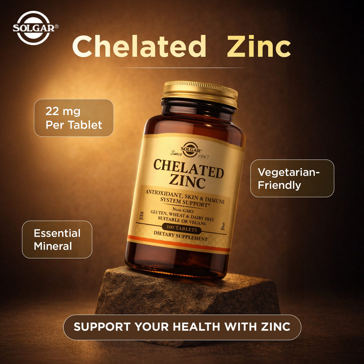 Solgar Chelated Zinc 22 mg, 100 tablets