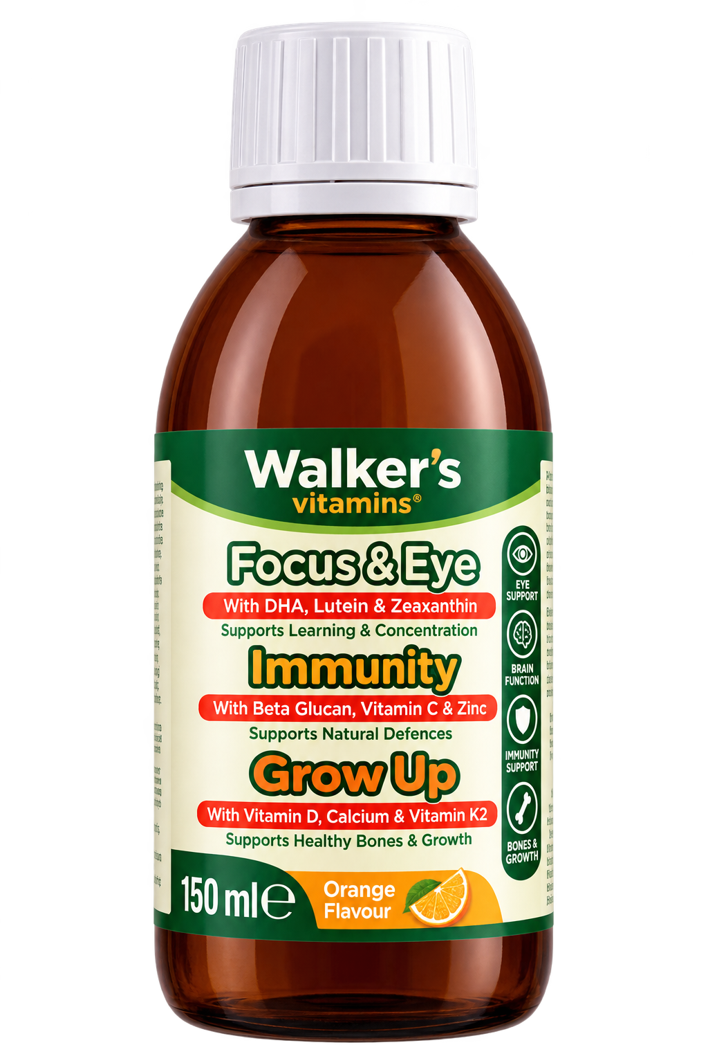 Walker's Vitamins Kids Focus & Eye, Immunity & Grow Up, shurup portokalli 150 ml