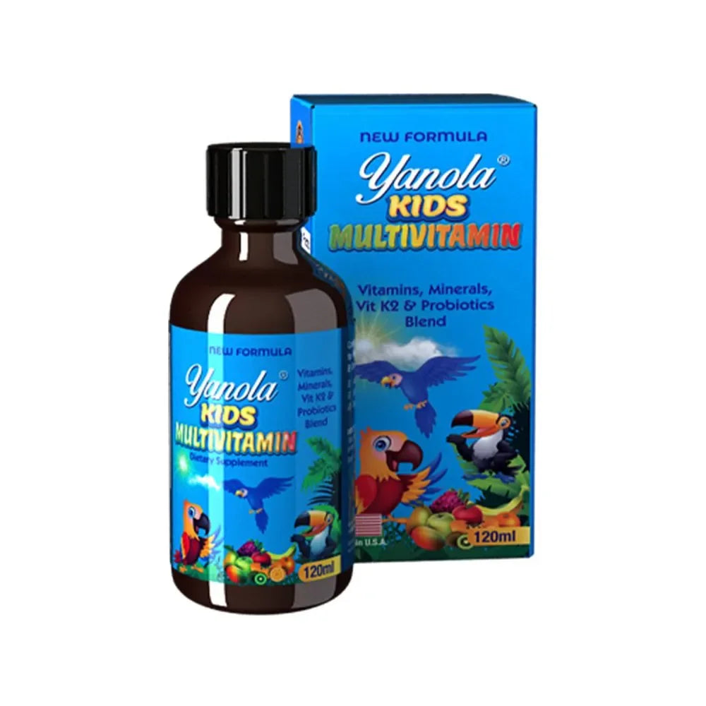 Shishja 120 ml dhe kutia Yanola Kids Multivitamin me ilustrime shumëngjyrëshe.
