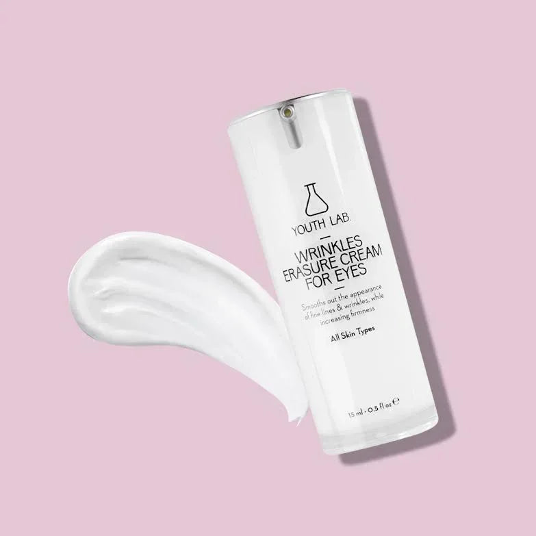 Youth Lab Wrinkles Erasure Cream for Eyes bottle and cream smear on pink background, dermocosmetic skincare.