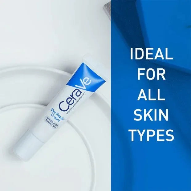 CeraVe Eye Repair Cream tube on a white surface with text ideal for all skin types.