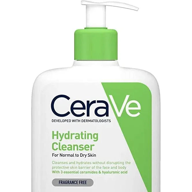 CeraVe Hydrating Cleanser bottle with green pump for normal to dry skin, fragrance-free