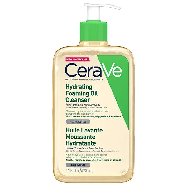 CeraVe Hydrating Foaming Oil Cleanser bottle with green pump, 473ml, for dry skin