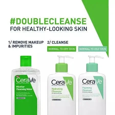 CeraVe micellar water, hydrating cleanser, and foaming cleanser for double cleansing skin care.