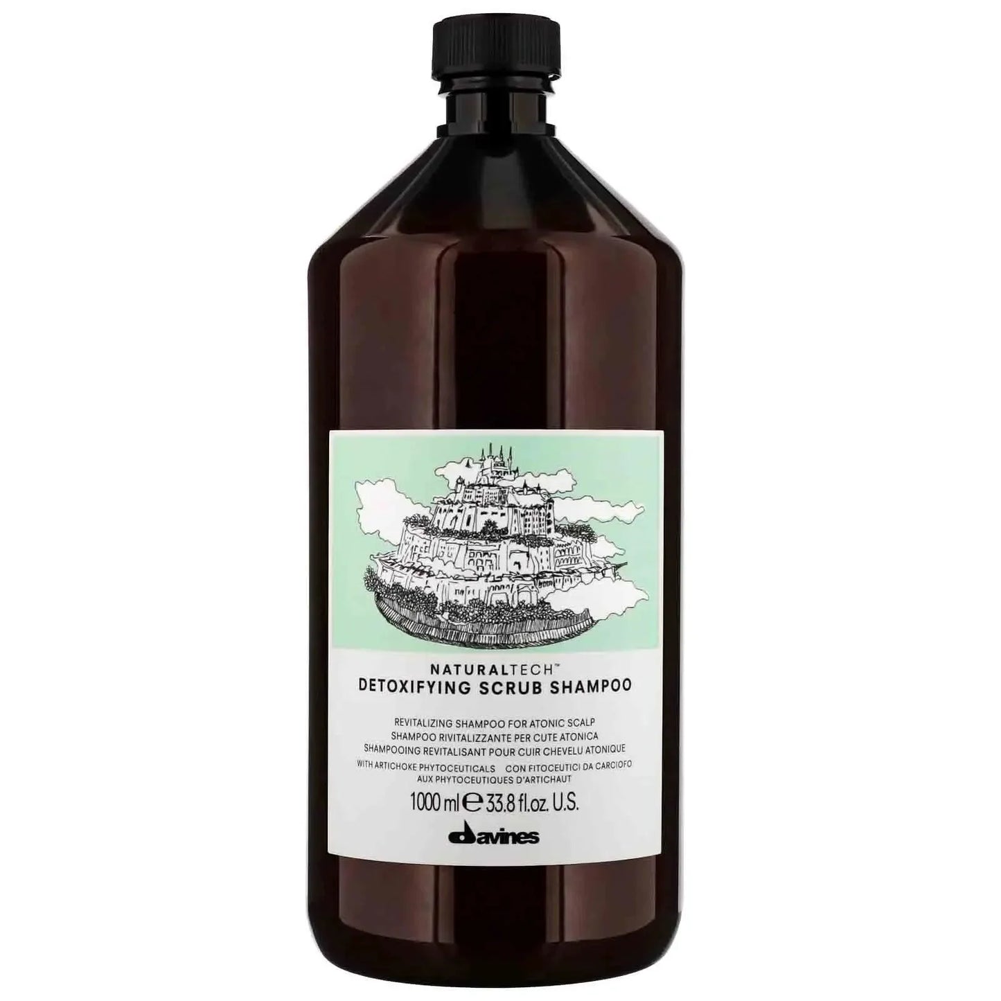 Davines Naturaltech Detoxifying Scrub Shampoo bottle with illustrated label, 1000ml