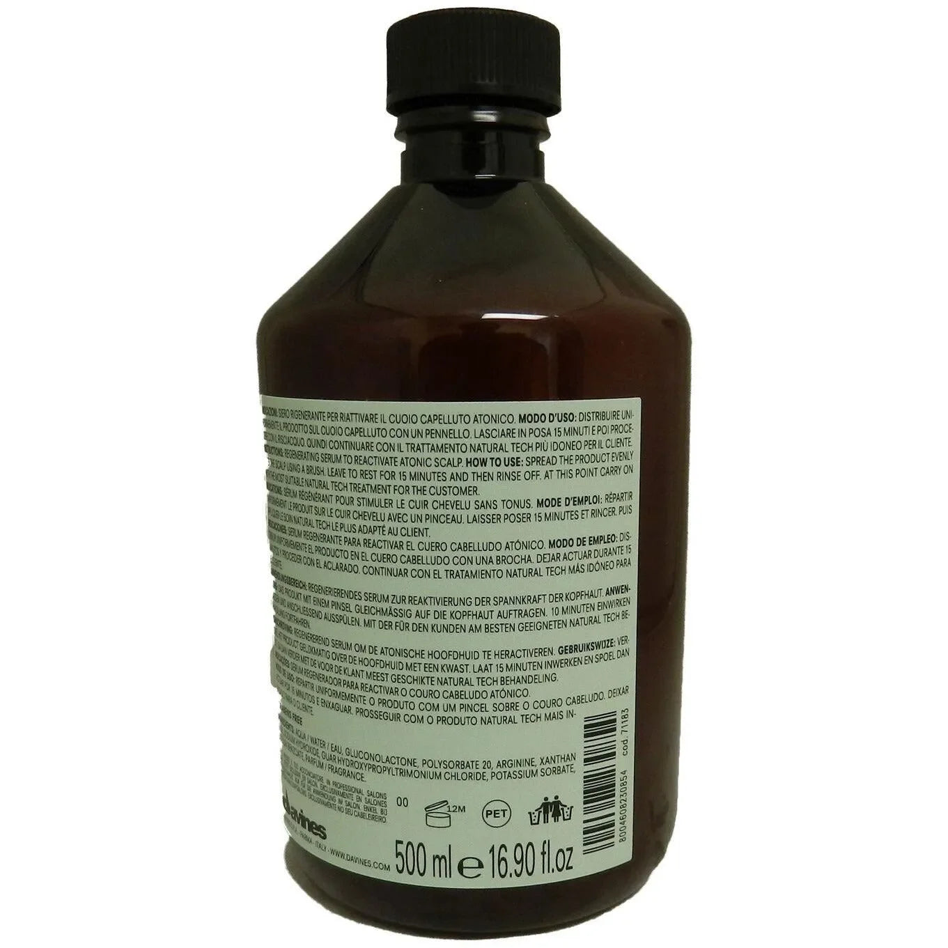 Brown plastic bottle with black cap showing product details label, 500ml hair care serum