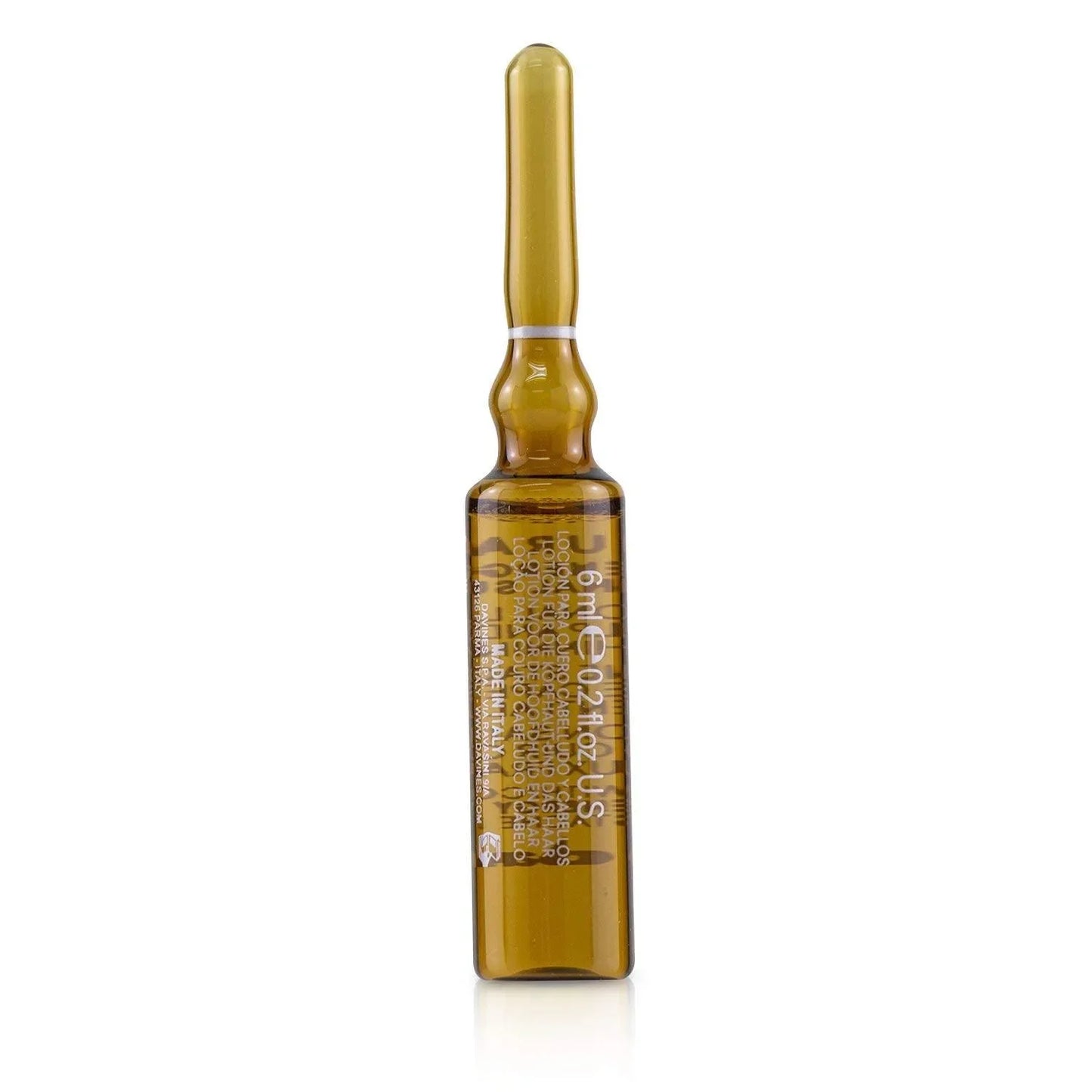 Single amber ampoule with white text for hair treatment, isolated on white background