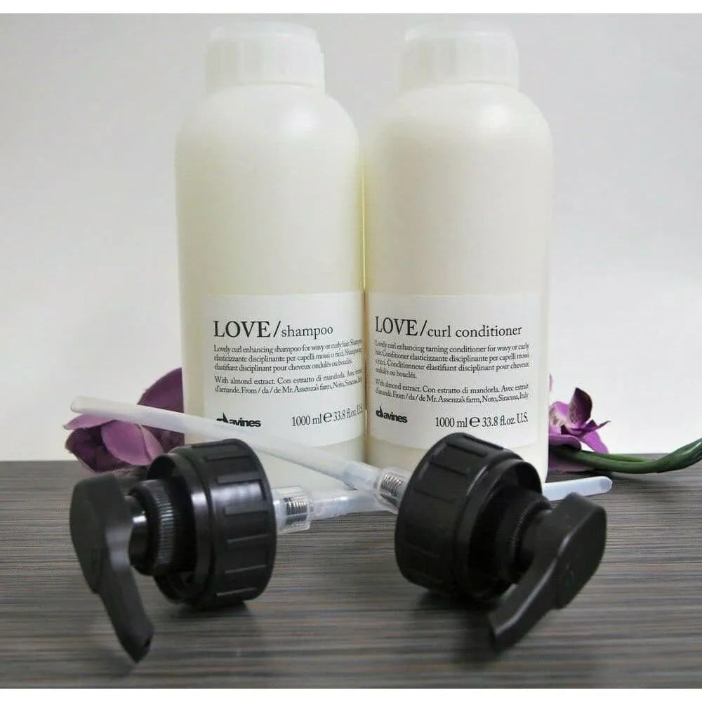 Davines LOVE curl shampoo and conditioner bottles with pumps, haircare products for curly hair
