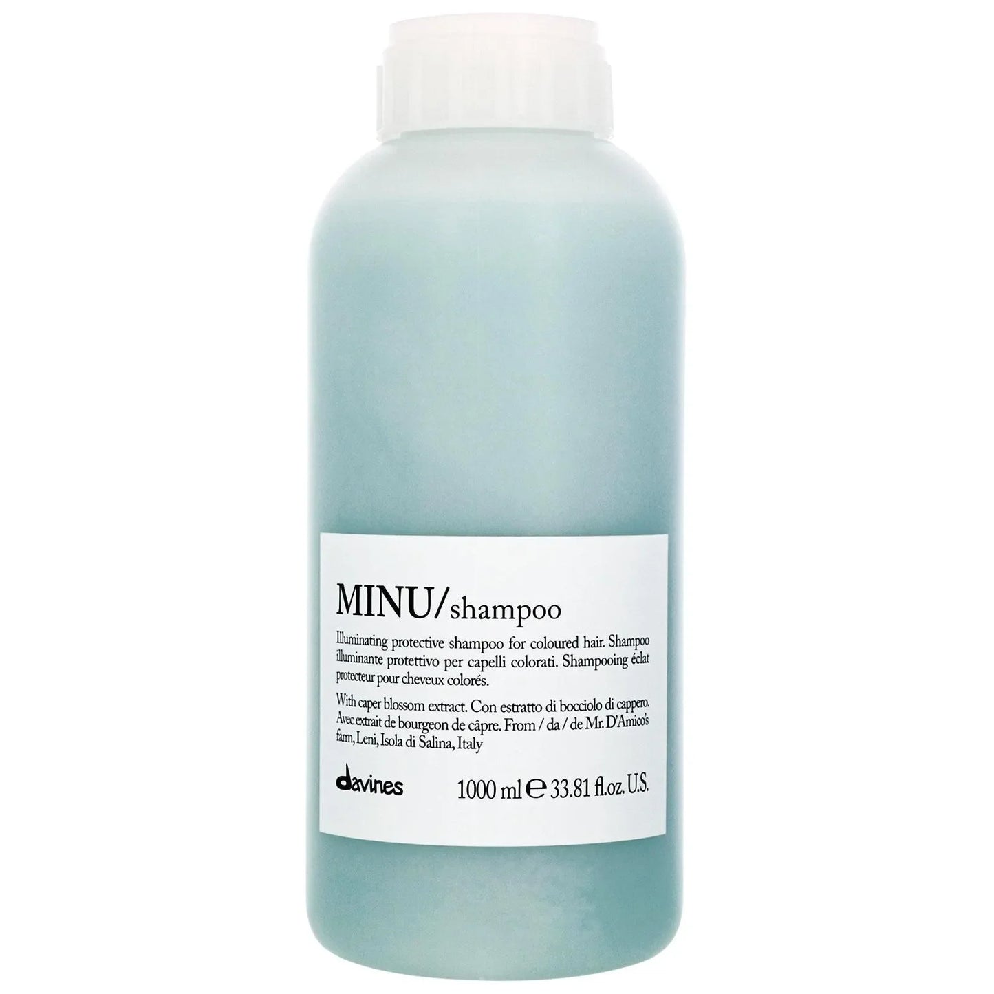 Davines MINU shampoo bottle for colored hair, 1000ml, light blue container with white label.