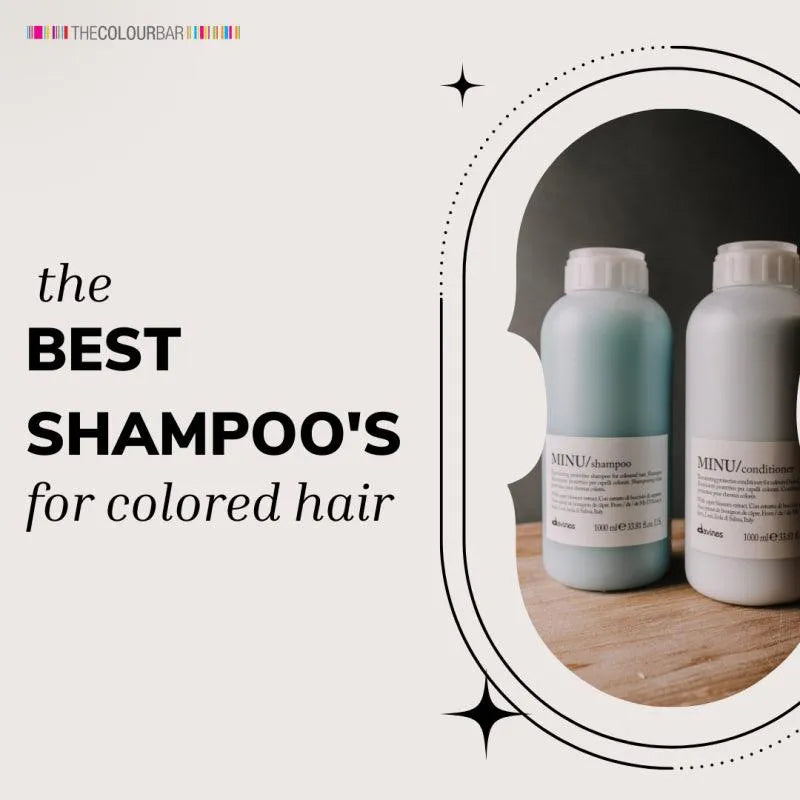 Davines MINU shampoo and conditioner bottles for colored hair on wooden surface