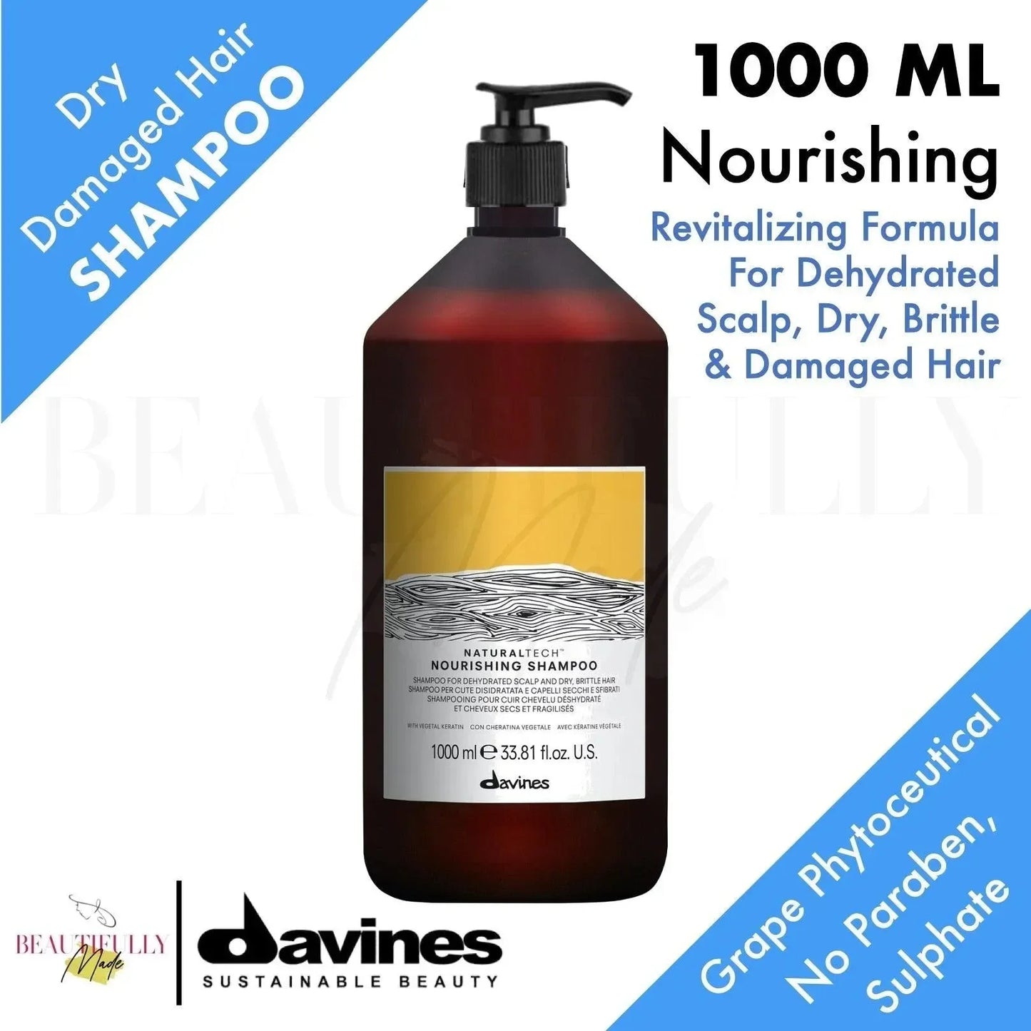 Davines Nourishing Shampoo 1000ml bottle for dry, damaged hair, sulfate-free, revitalizing formula