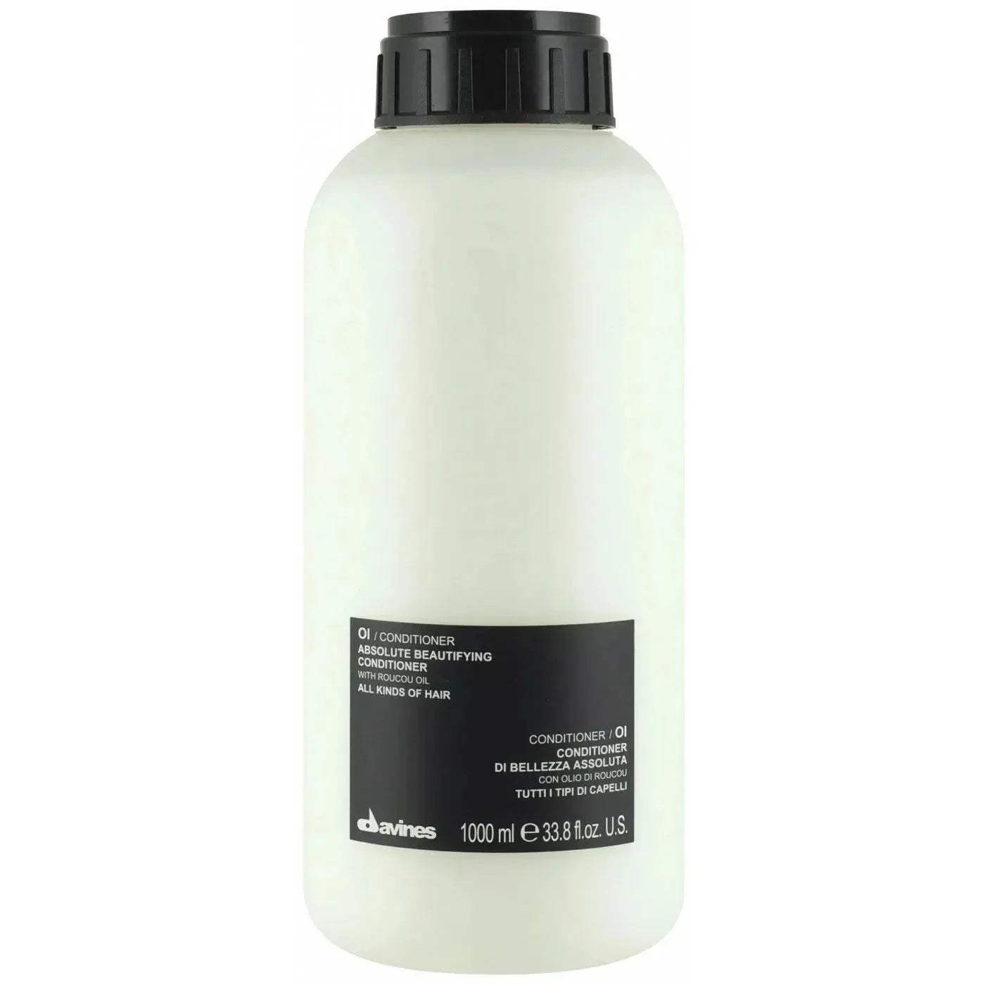 Large white bottle of OI conditioner for all hair types with black cap and label