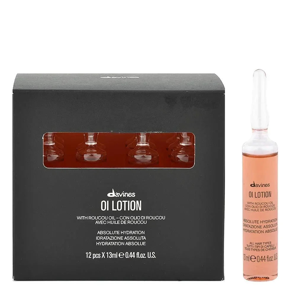 Davines OI Lotion box with hydration ampoules and a single ampoule for hair care