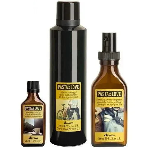 Davines Pasta & Love after shave and moisturizing cream set, three brown and black bottles