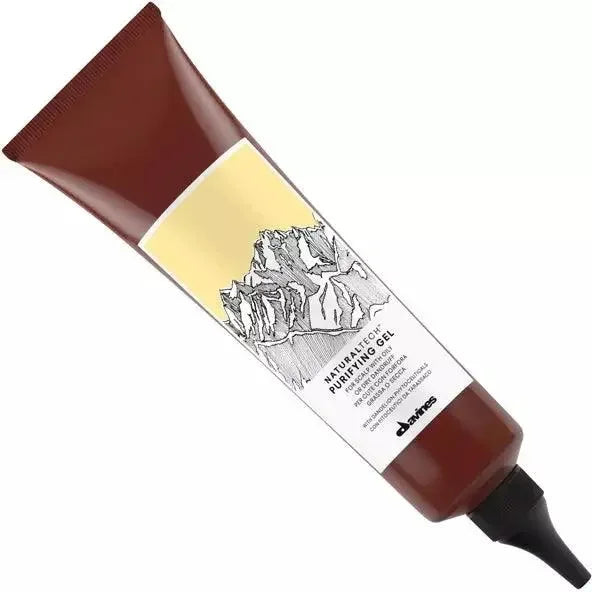 Davines purifying gel brown tube with black cap, mountain graphic on label for hair care