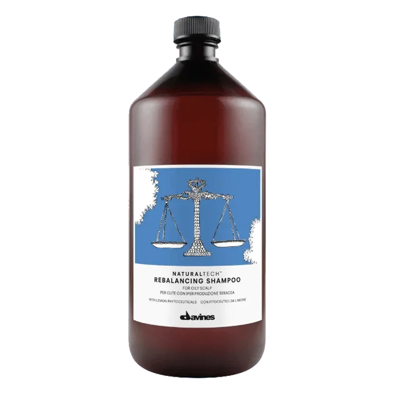 Davines Naturaltech Rebalancing Shampoo bottle for oily scalp, brown bottle with blue label
