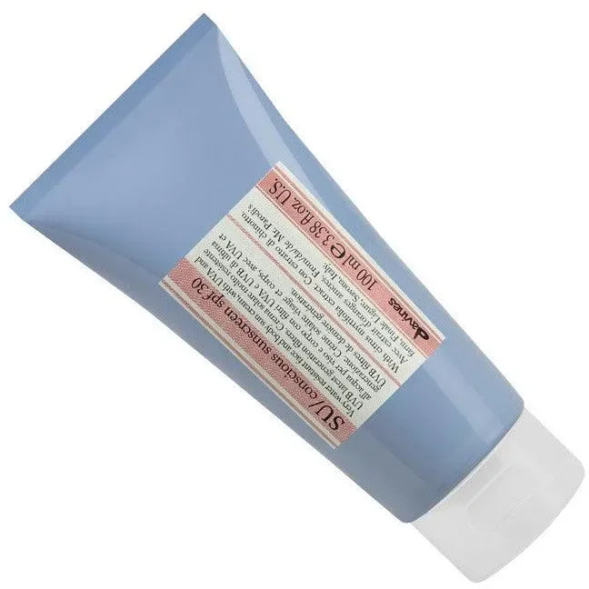 Blue tube of sunscreen SPF30 with white cap and detailed product label