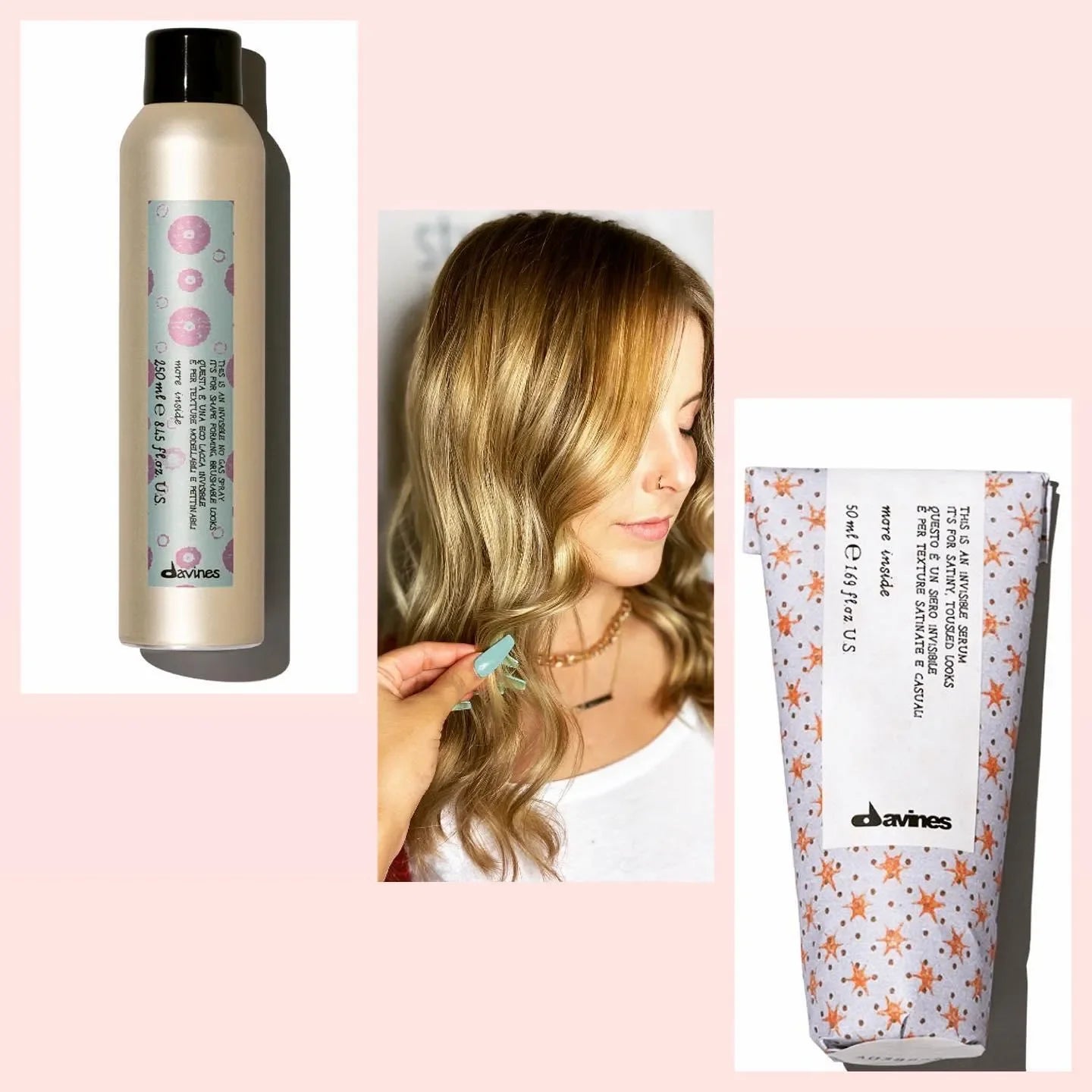 Davines hair serum products and woman with styled wavy blonde hair, haircare concept