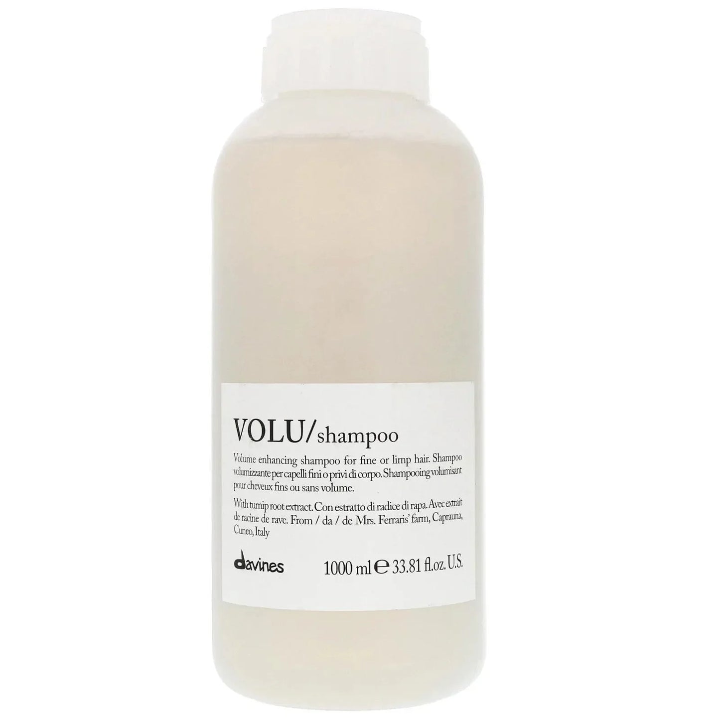 Davines VOLU shampoo 1000ml clear plastic bottle for fine hair care