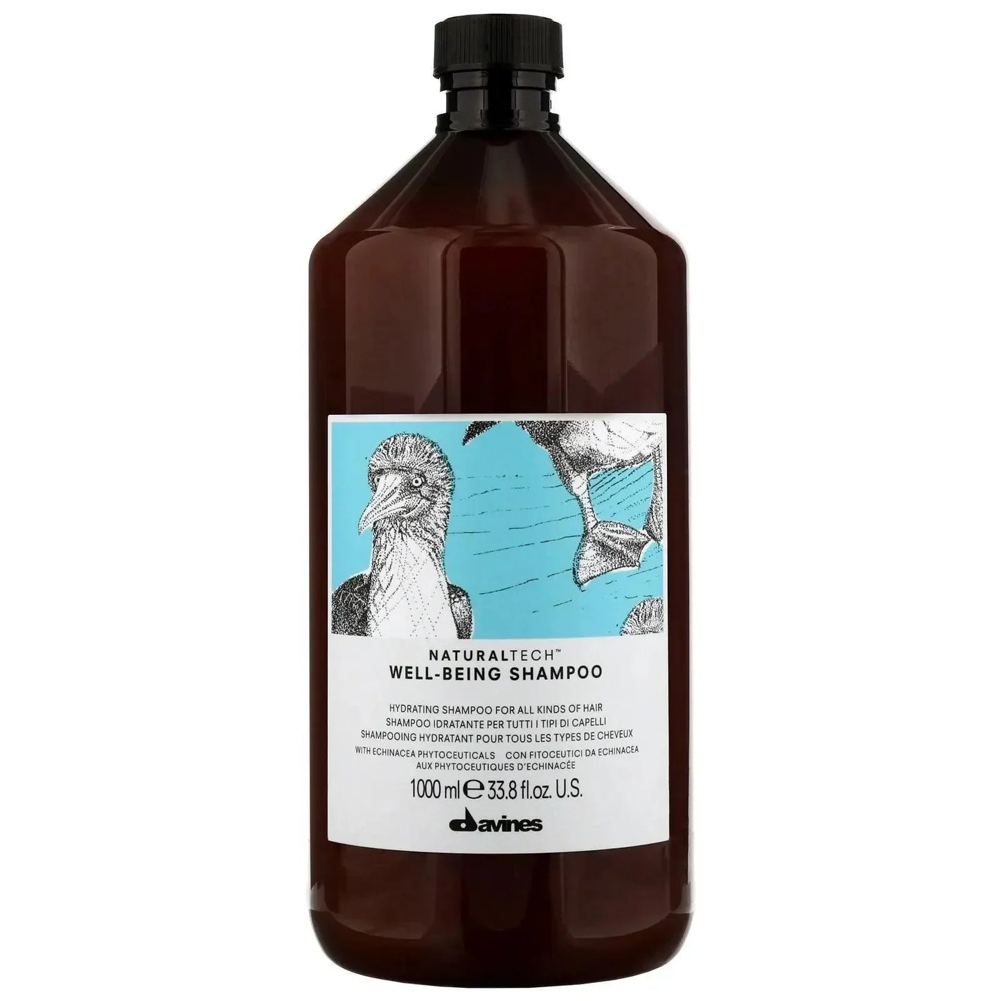 Large Davines Naturaltech Well-Being Shampoo bottle with blue bird label, hydrating haircare