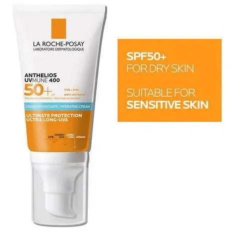 La Roche-Posay Anthelios hydrating cream SPF50+ for dry, sensitive skin, sunscreen bottle and text