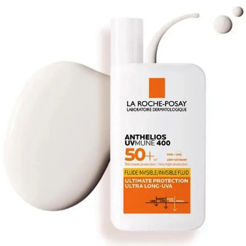 La Roche-Posay Anthelios UVMune 400 SPF50+ invisible fluid sunscreen bottle with lotion swatch