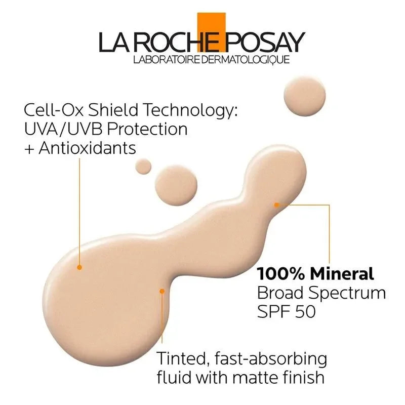 Tinted mineral sunscreen SPF 50 fluid with matte finish and UVA/UVB protection.