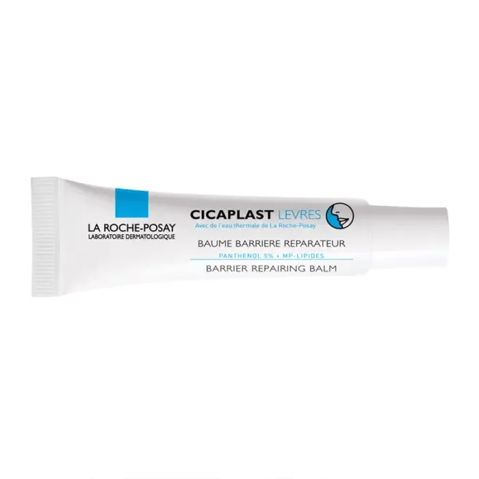 Tube of Cicaplast Lips barrier repairing lip balm with visible label on white background