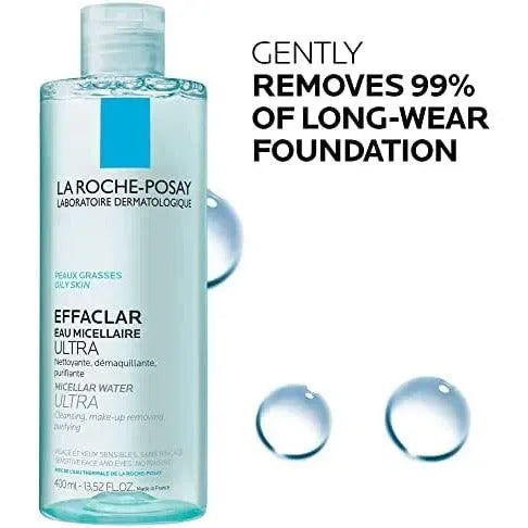 La Roche-Posay Effaclar micellar water bottle for oily skin with text about removing makeup