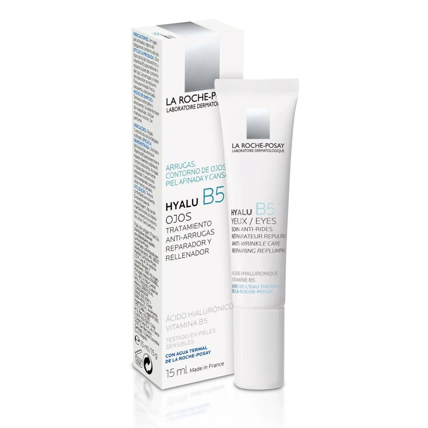Hyalu B5 anti-wrinkle eye cream tube and box with hyaluronic acid and vitamin B5