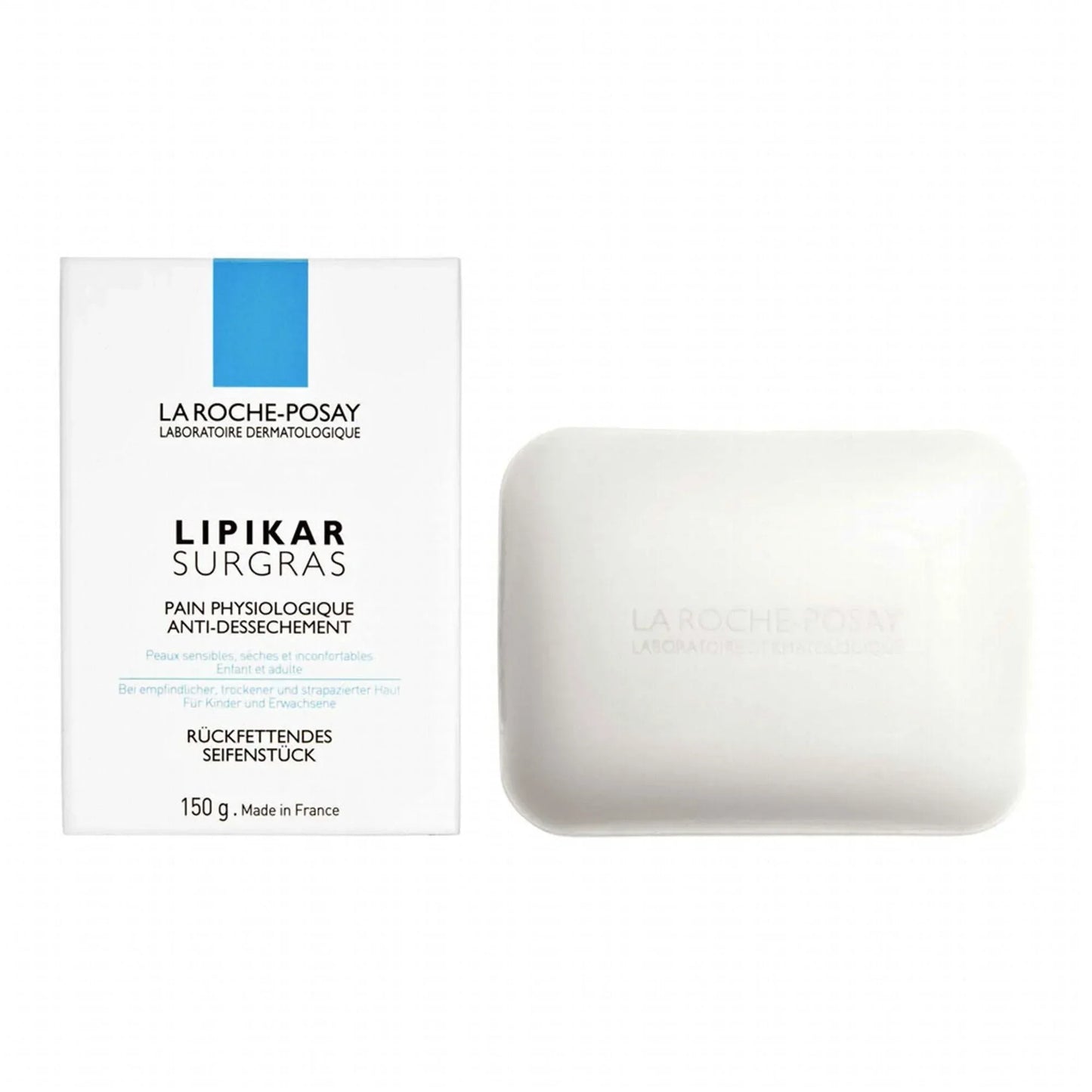 La Roche-Posay Lipikar Surgras soap bar and packaging for sensitive skin, 150g