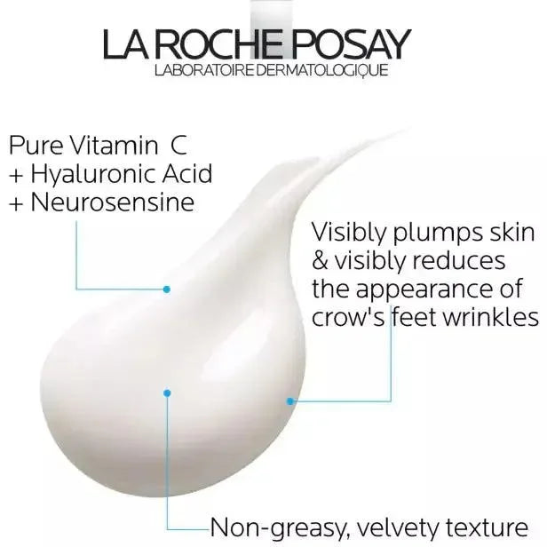 Cream texture with text highlights for pure vitamin C eye cream with hyaluronic acid benefits.