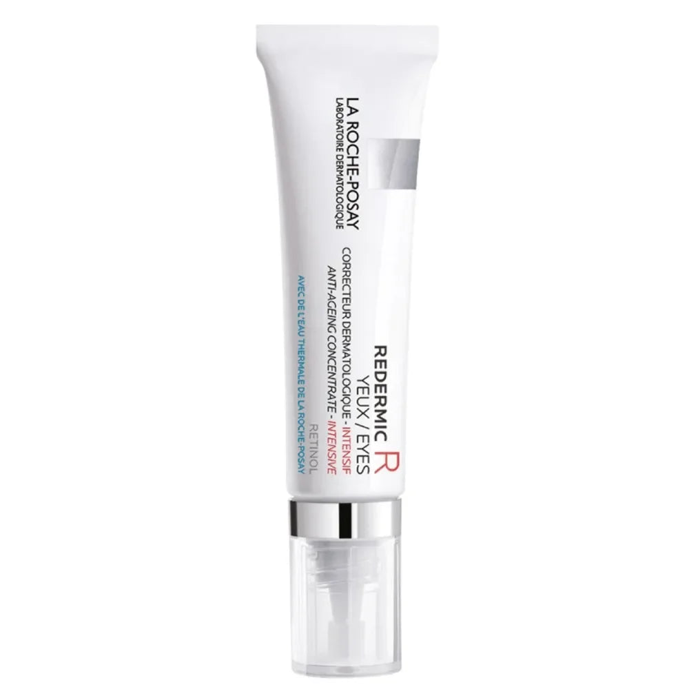 Retinol eye cream tube for anti-aging skincare, white packaging with pump dispenser