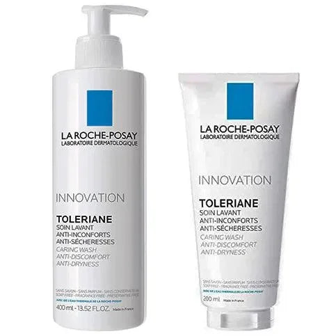 La Roche-Posay Toleriane Caring Wash bottles for sensitive skin, with blue label.